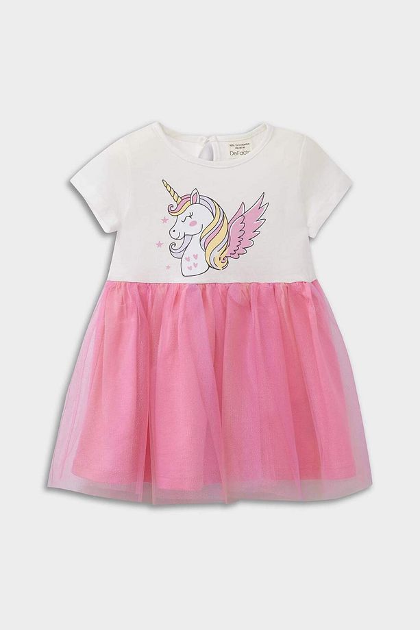 Kız Bebek Unicorn Baskılı Kısa Kollu Yazlık Tül Elbise E8723a525sm - 1