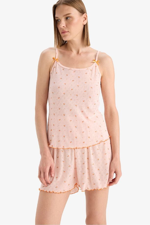 Regular Fit Pijama Takımı Desenli Askılı Pijama Üstü Esnek Belli Şort Pijama Altı-Fall in Love F5774 - 3