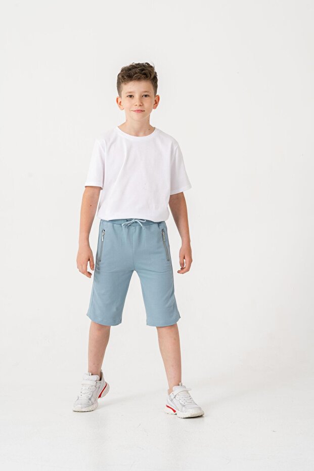 Belt and Ribbed Side Pockets Zippered Boys Shorts