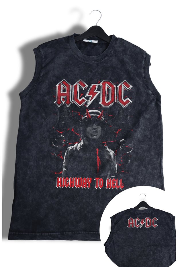 Highway to Hell Ac Dc Printed Washed Sleeveless T-Shirt, Unisex Rock Band Themed Zero Sleeve Retro Singlet