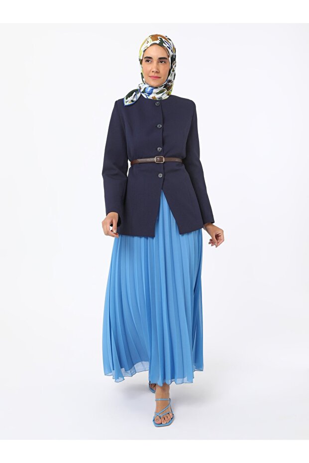 Şifon Piliseli Etek - Mavi - Refka - 4