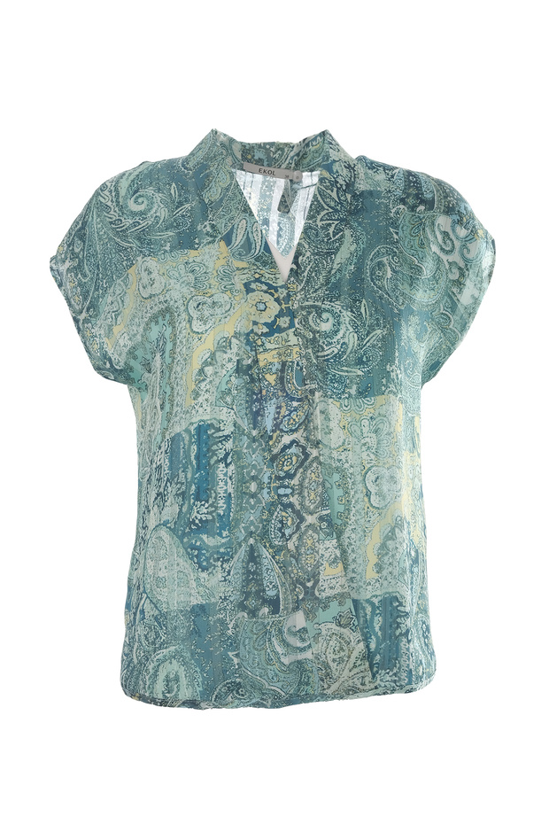 V-Neck Low Sleeve Shawl Pattern Women's Blouse 25Yekl03140