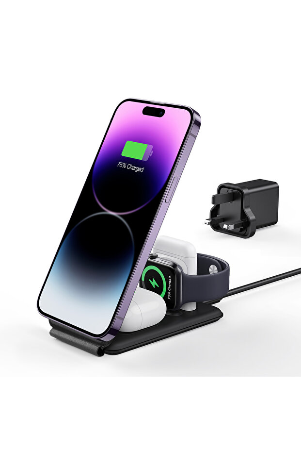 شاحن سفر Qi2 15 وات 3 في 1 قابل للطي لساعة Apple Watch باللون الأسود