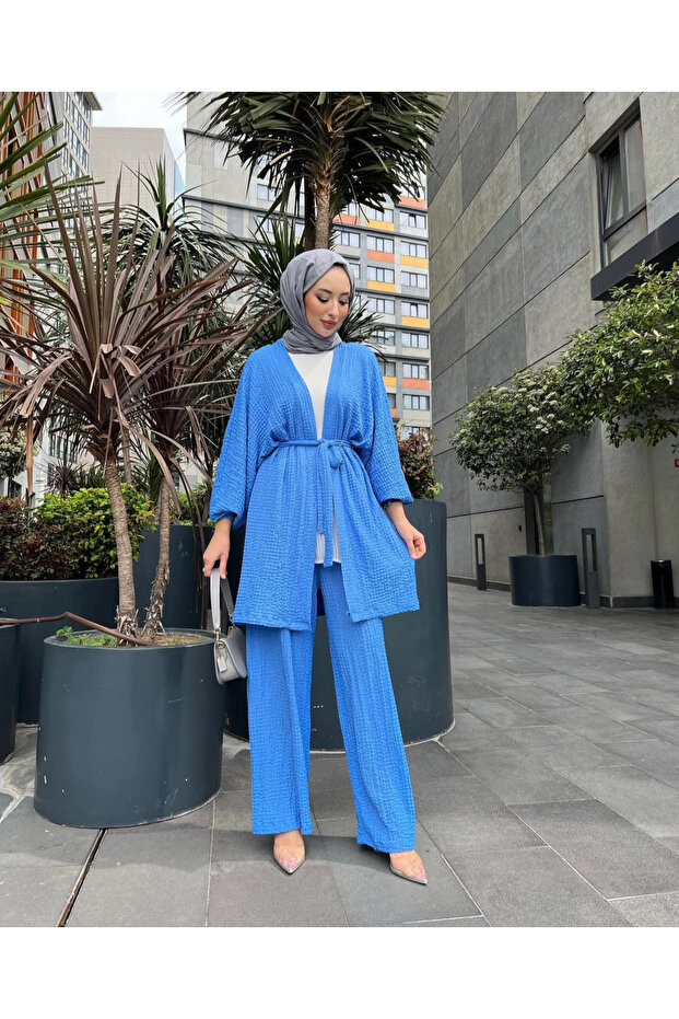 Seersucker Textured Belted Cardigan and Pants Double Set