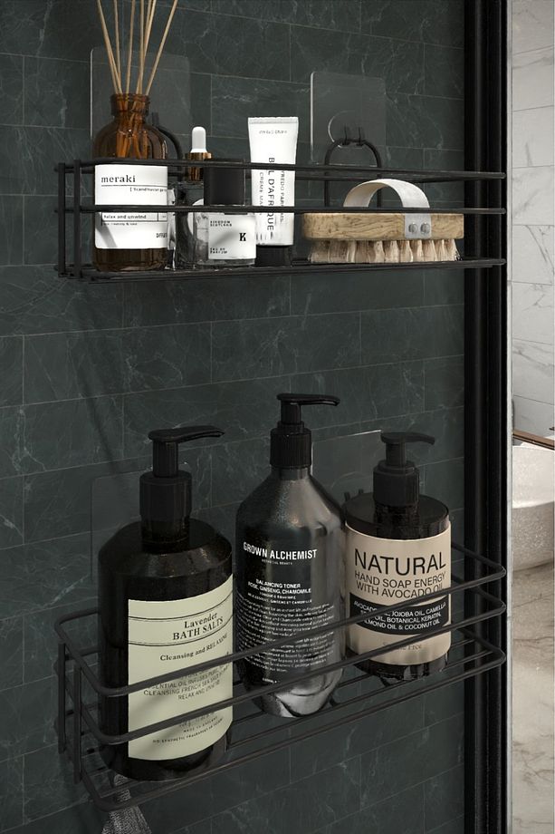 Yapışkanlı 2'li 4 kancalı ve kancasız set banyo duş rafı şampuanlık - 4