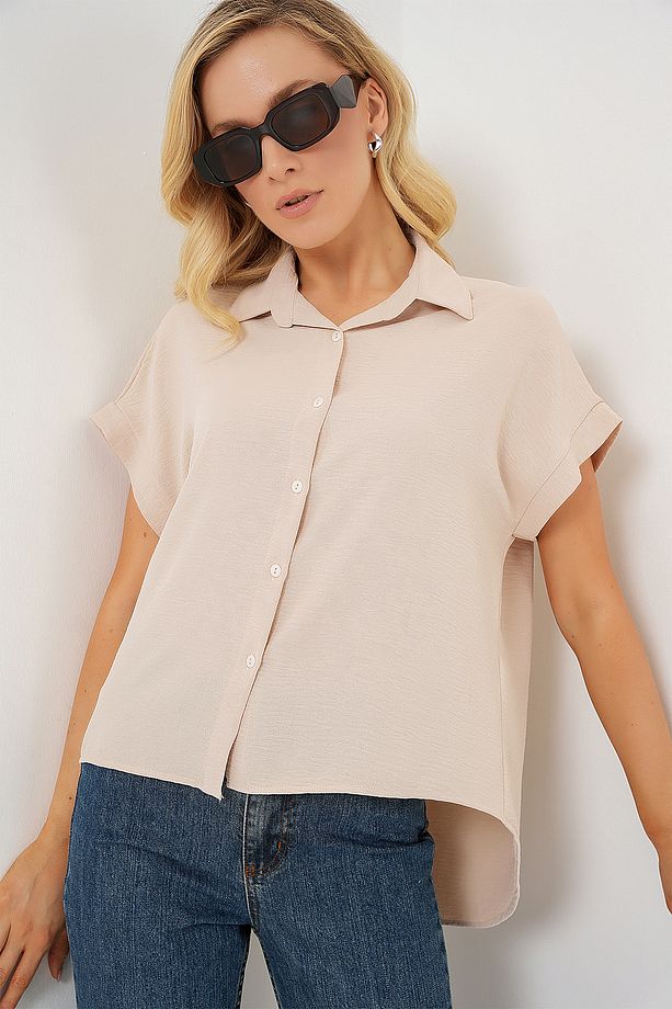 Kadın Oversize Kısa Kol Gömlek 20322 - Krem - 3