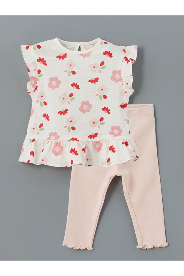 Ecru Crew Neck Floral Baby Girl Blouse and Leggings 2-Piece Set