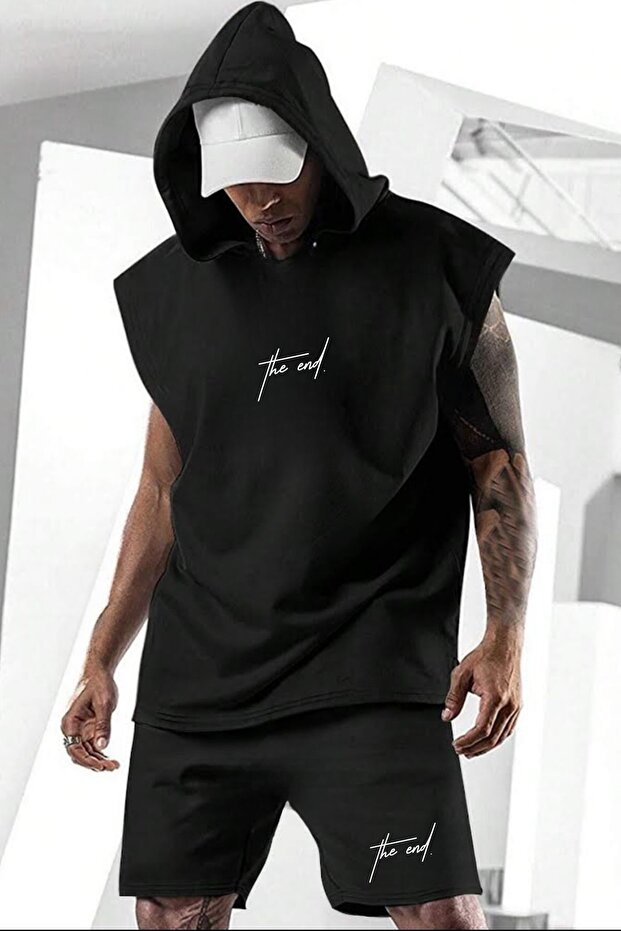 Men's Black Hooded Sleeveless T-Shirt Black Combed Cotton Shorts Embossed the End Printed Set