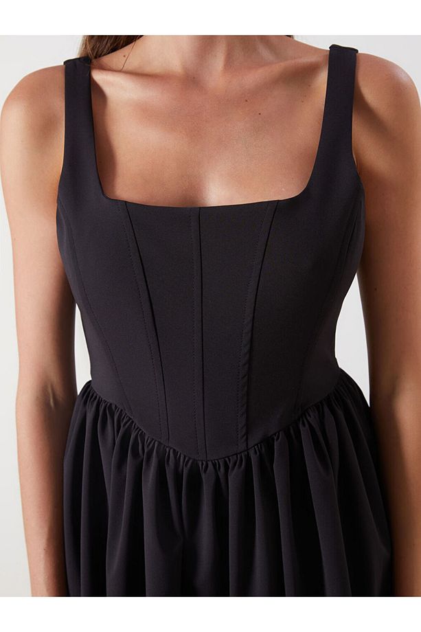 Kare Yaka Askılı Poplin Mini Elbise - 3