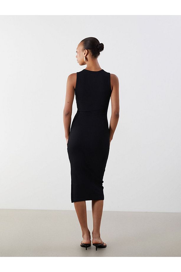 Siyah Bisiklet Yaka Bodycon Elbise - 4