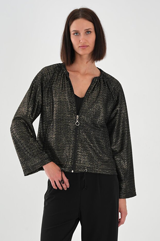 Women's Cardigan with Drawstring Collar and Zipper