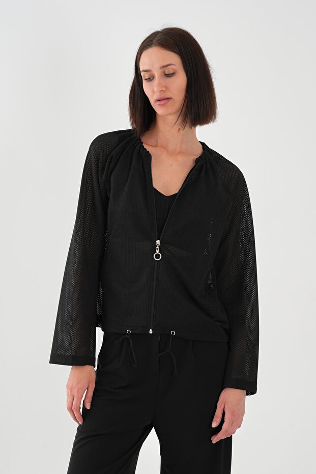 Women's Cardigan with Drawstring Collar and Zipper