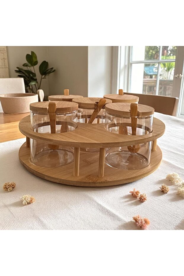 Maisone Natural Bamboo Lid 5-Piece Glass Spice Jar Set - Jar Set with Rotating Stand