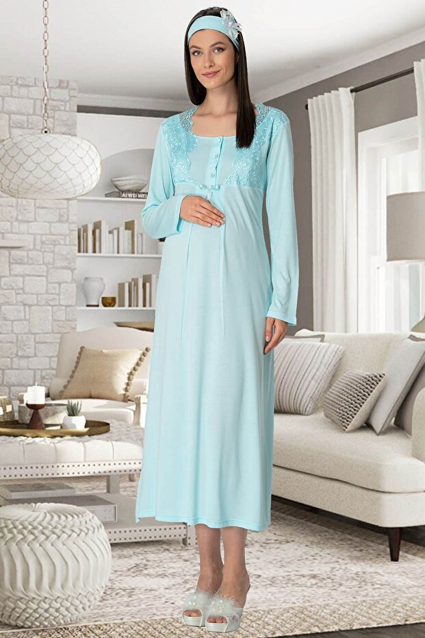 Women's Long Sleeve Lace Maternity Nightgown