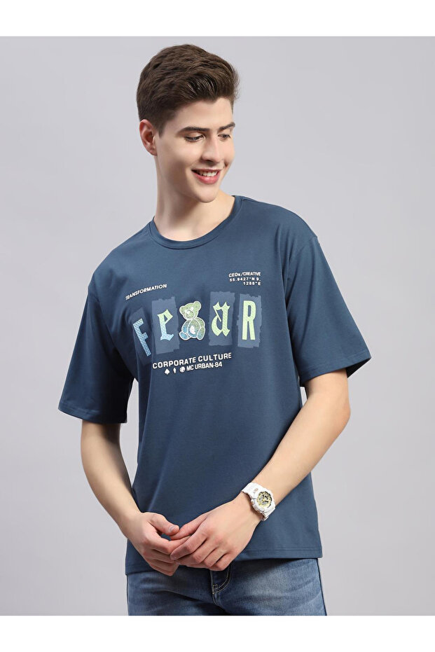 Men Printed Teal Round Neck Half Sleeve Regular Fit T-Shirt