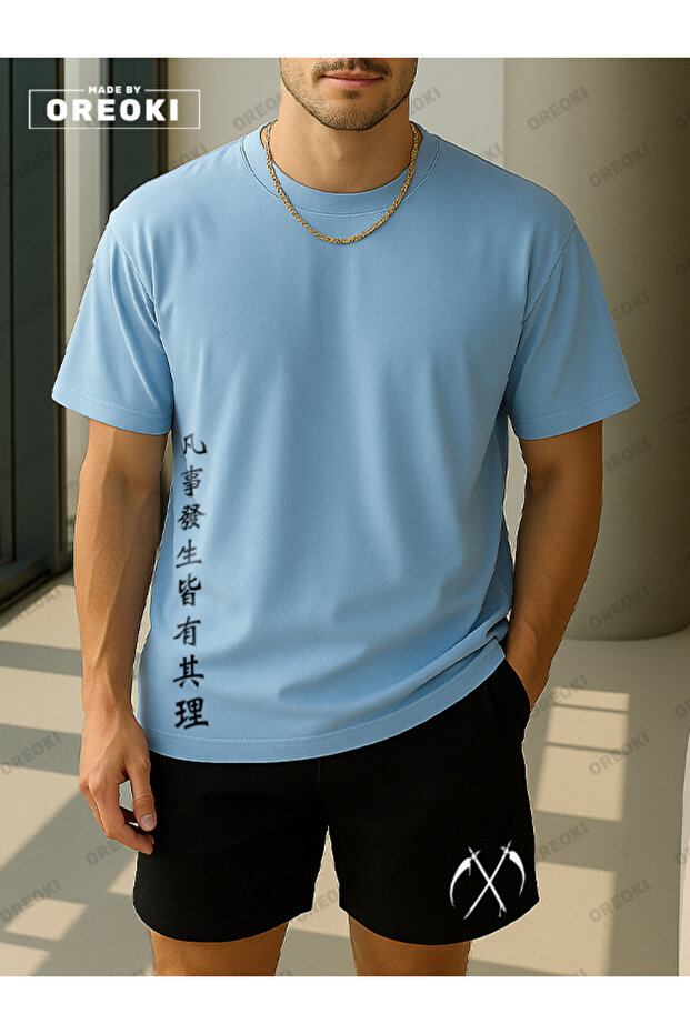 Latest Breath Printed Cotton Fabric Unisex Light Blue T-Shirt-Black Shorts Set