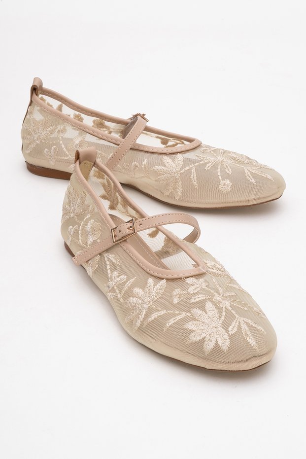 Juny Beige Mesh Flower Embroidered Women's Ballerina Shoes