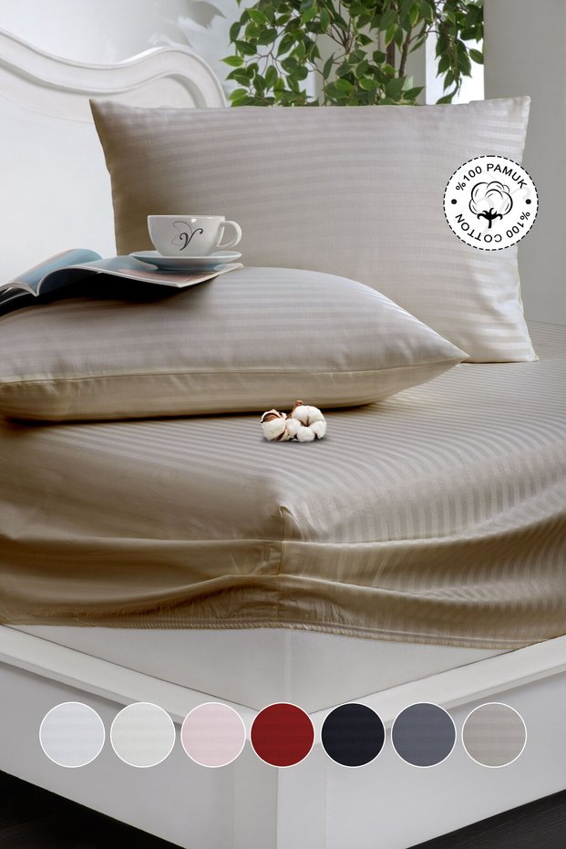 100% Cotton Striped Cotton Satin Single / Double Size Fitted Sheet Set | 100X200Mm | 160 X 200 | 180 X 200