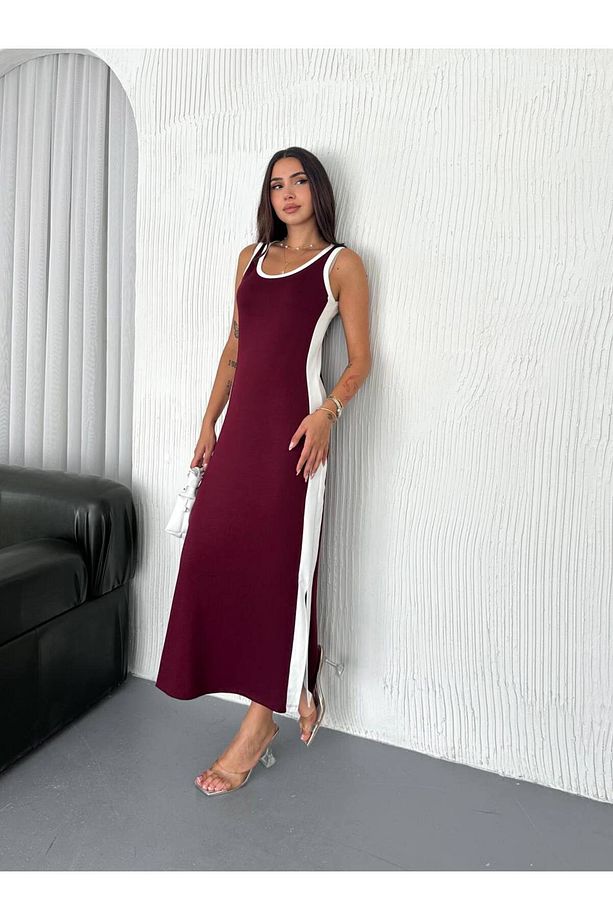 KADIN KALIN ASKILI UZUN ÇİFT YIRTMAÇLI ELBİSE - 6