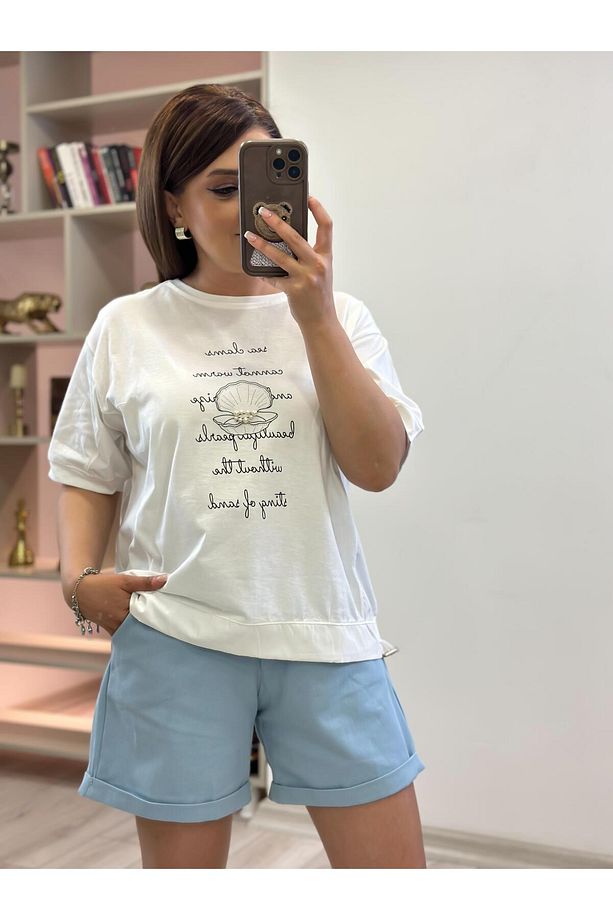 Kemerli Gabrdin Kumaş Şehir Boy Şort BEBE MAVİ - 7