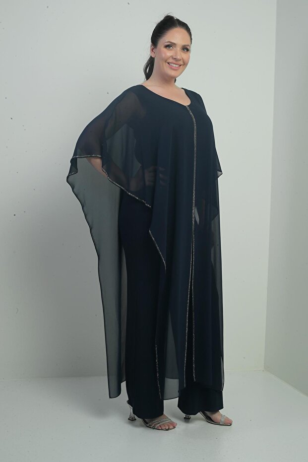 Women's Chiffon Stone Detail Cape Wide Leg Lycra Plus Size Jumpsuit