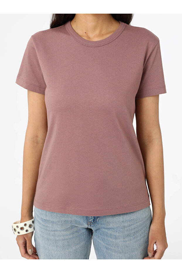 Bisiklet Yaka Basic Kadın Tişört - Gül Kurusu - - 4