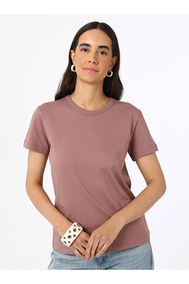 Bisiklet Yaka Basic Kadın Tişört - Gül Kurusu - - 3