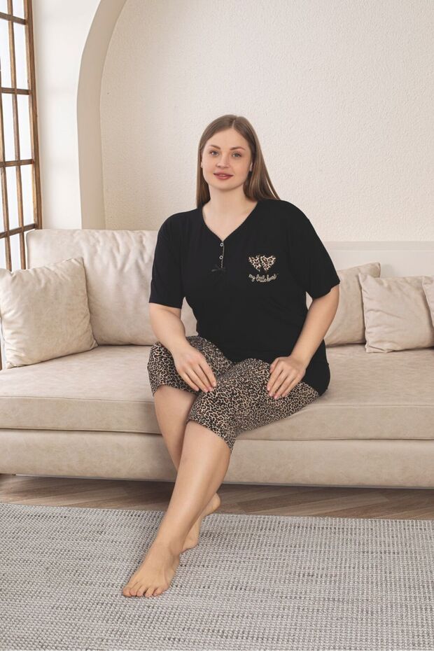 طقم بيجامة كابري من القطن الممشط من الليكرا مقاس كبير - 1