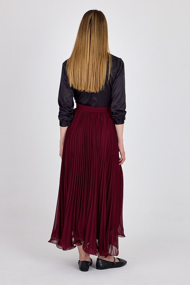 Bordo Şifon Piliseli Yüksek Bel Maxi Etek 1003 - 5
