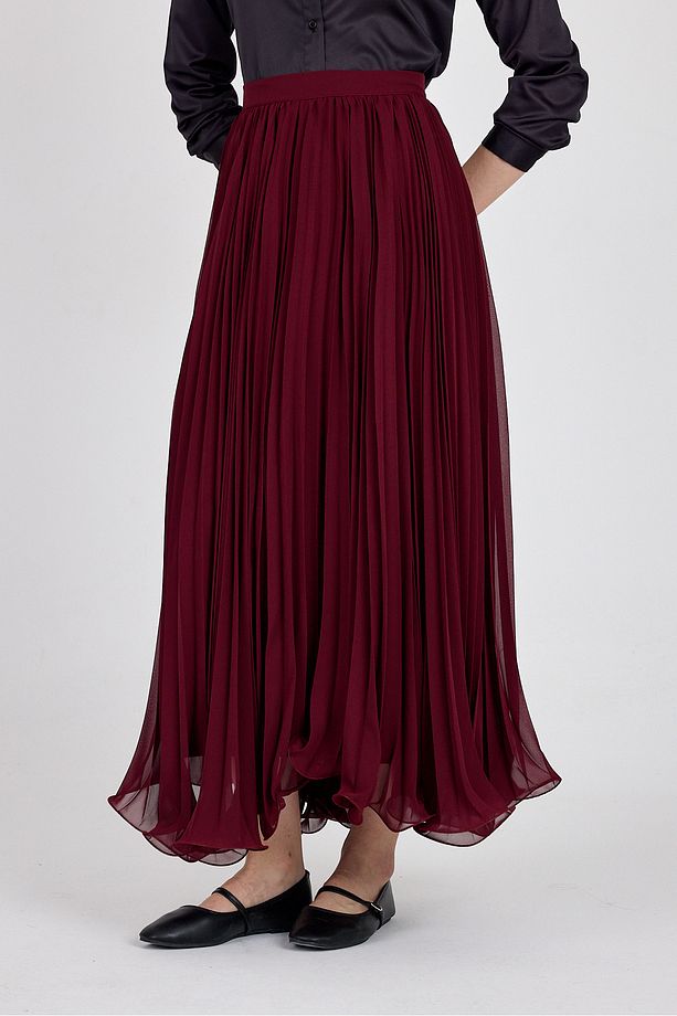 Bordo Şifon Piliseli Yüksek Bel Maxi Etek 1003 - 3