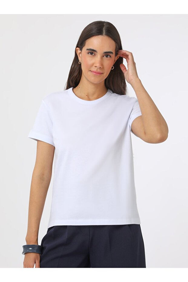 Bisiklet Yaka Basic Kadın Tişört - Beyaz - - 4