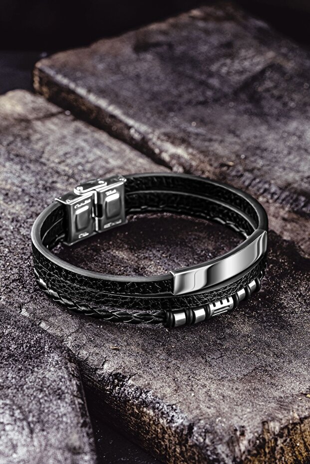 Men's Leather Bracelet - Men's Leather Bracelet with Name Written Stainless Steel Leather Cord Model 2