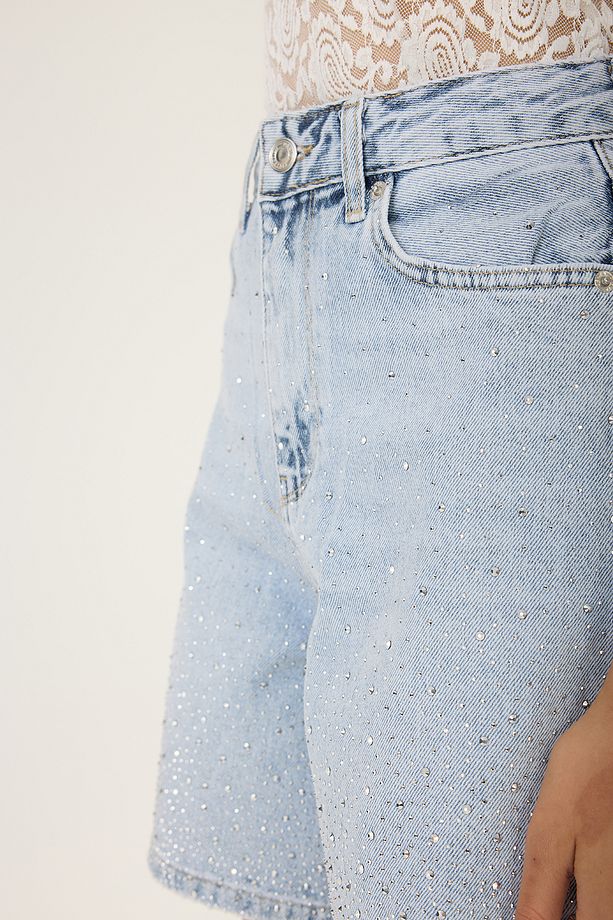 Taş İşlemeli Denim Şort - 5