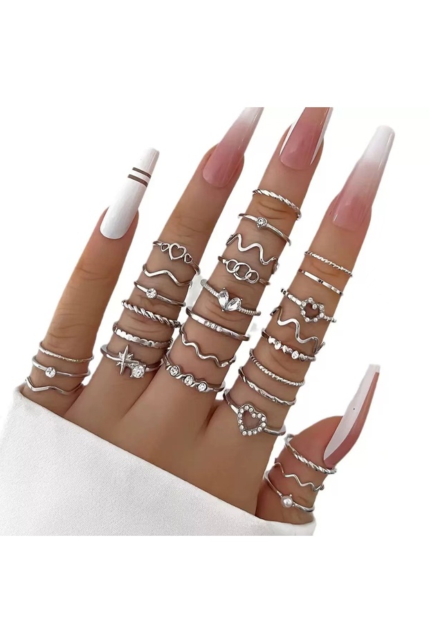 9 J030004-4 23PCS Fashion Luxury Shiny Zircon Wave Multi-Element Design Women's Ring Set, Suitable o