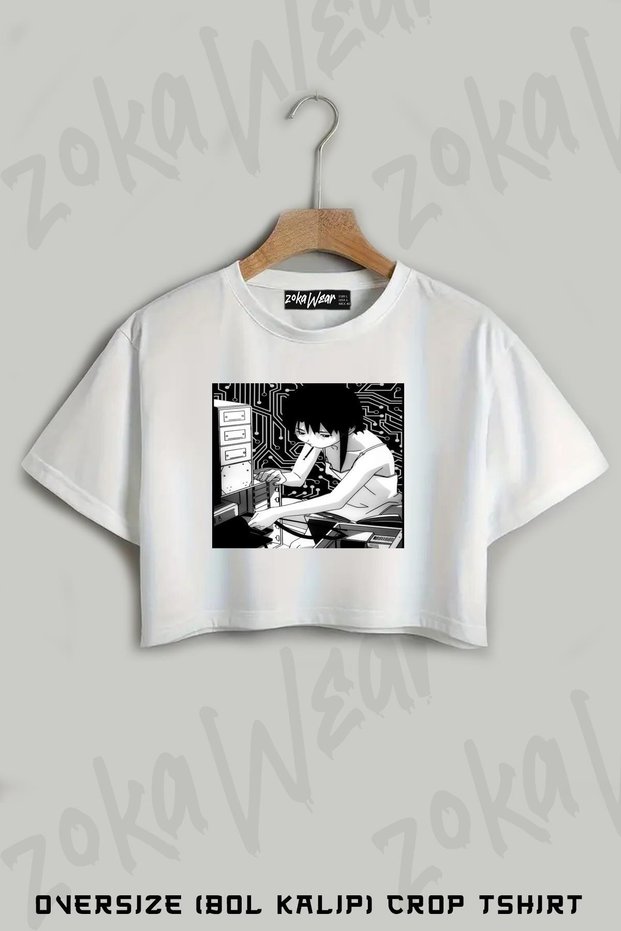 Serial Experiments Lain Cyberpunk Aesthetic Programmer Girl Printed Oversize Crop T-Shirt