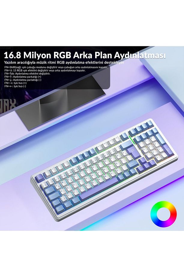 F99 Mekanik Rgb Hot Swap Graywood V4 Switch 3 Modlu Kablosuz Makrolu Türkçe Q Klavye Mavi - 5