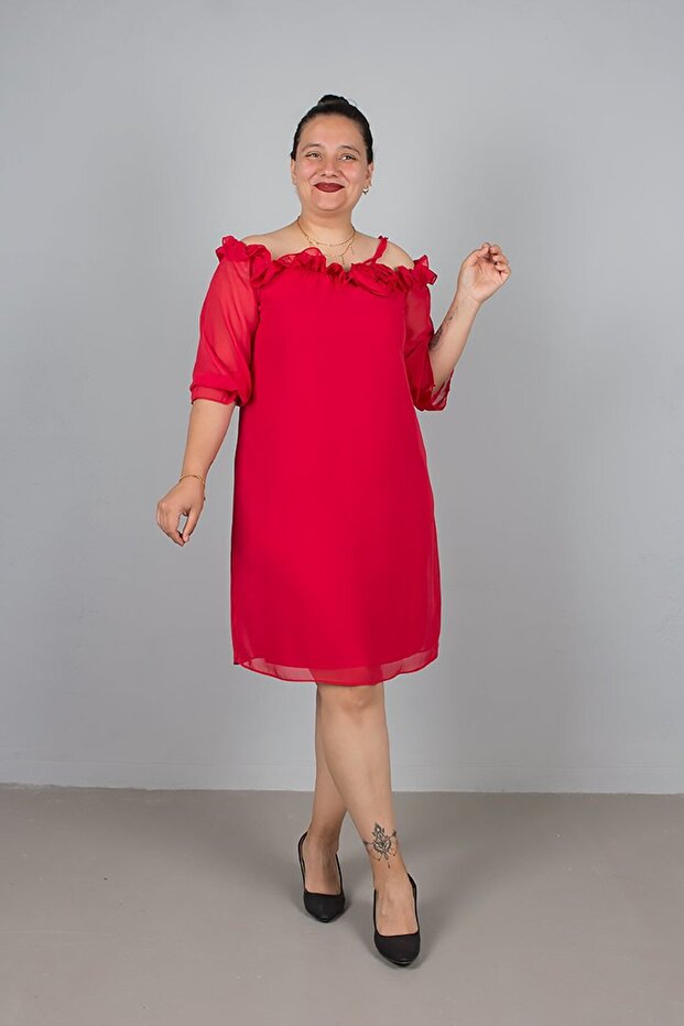 Rose Detail Neckline Red Chiffon Dress - Plus Size Elegant and Flighty Chic!