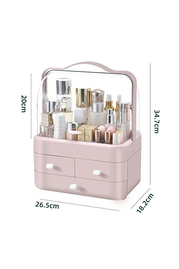 Pink 1pc Cosmetics Receiving Box Dust-Proof Desktop Makeup Organizer with Drawer for Skin Care Produ