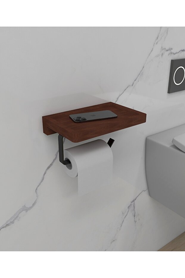 Papatya Solid Wood Shelf Toilet Paper Holder – Metal Wall Mounted Hanger