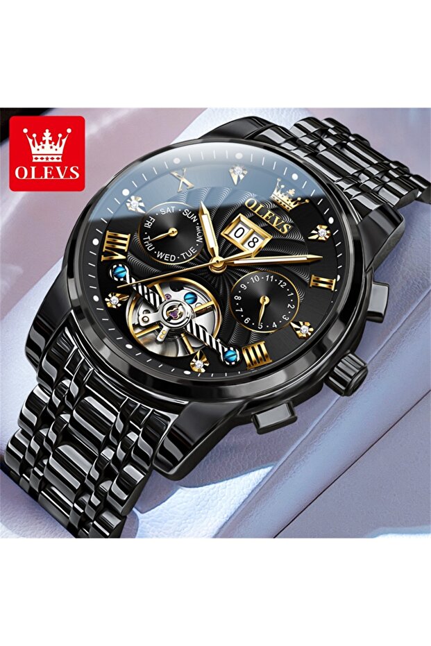 ساعة OLEVS الكلاسيكية للرجال توربيون متعددة الوظائف أوتوماتيكية بالكامل ساعة رجالية فاخرة للرجال W