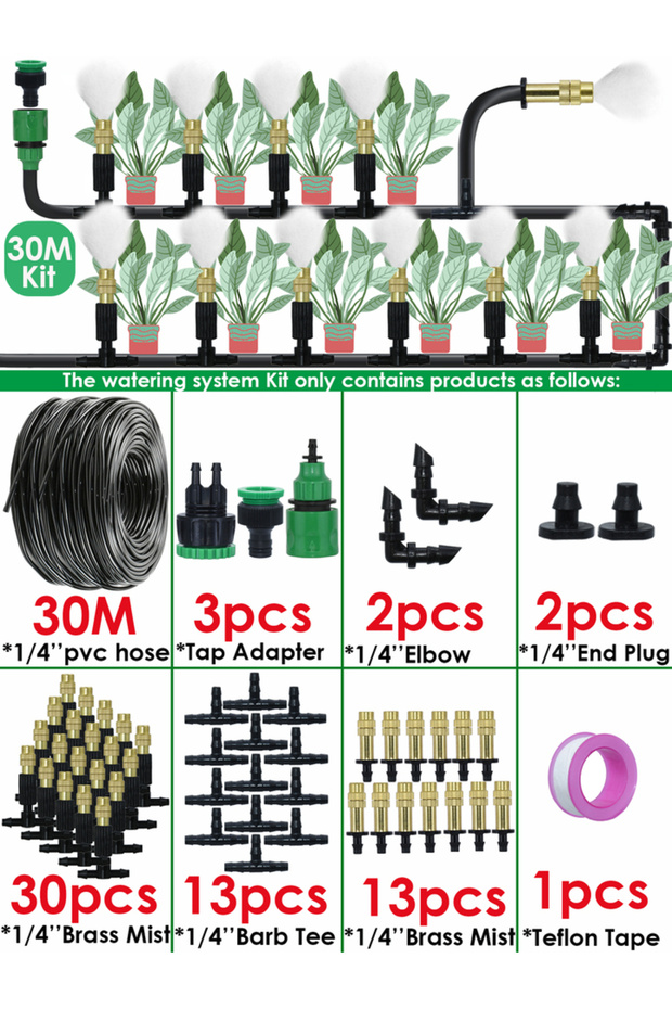 30Meters Mist KIT KESLA 10M-30M Garden Outdoor Patio Misting Cooling System Irrigation Watering 1/4'