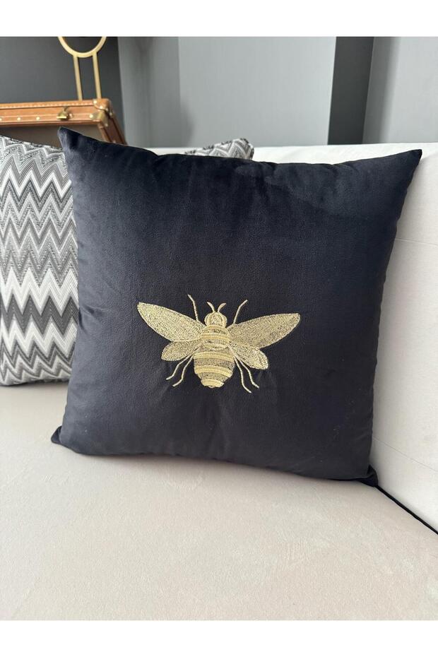 غطاء وسادة مطرز على شكل نحلة باللون الأسود - 1