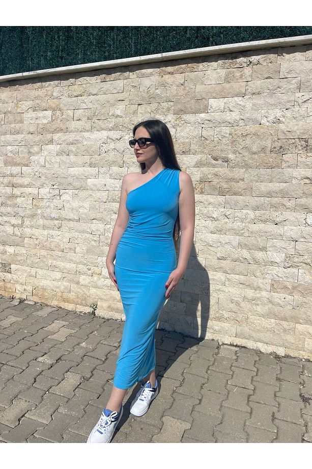 Kadın Tek Omuz Büzgülü Midi Elbise - 9