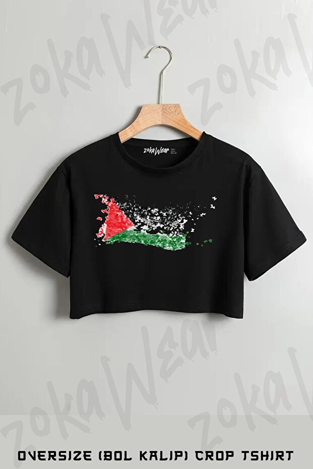 Flying Birds Palestine Flag Printed Oversize Crop T-Shirt