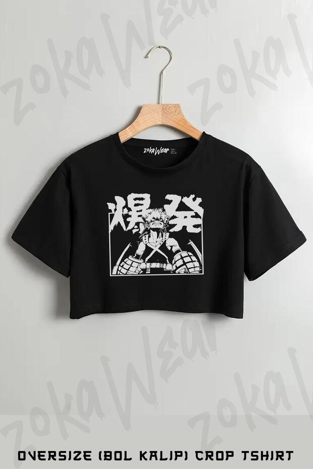 My Hero Academia Katsuki Bakugo Gray Printed Oversize Crop T-Shirt