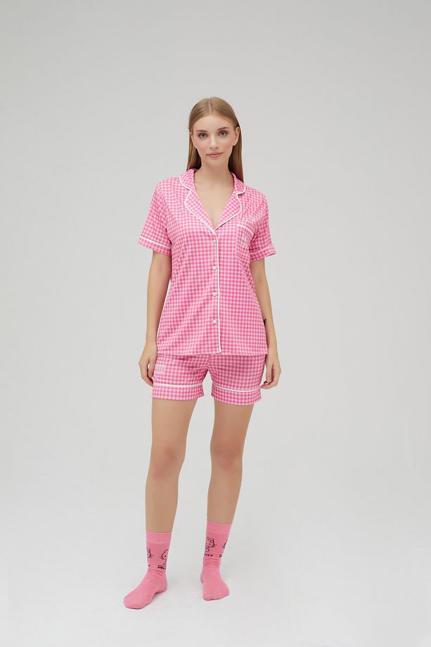 Lisanslı Düğmeli Kısa Kol Saten Şortlu Pijama Takımı ROZ-50TH23 - 4