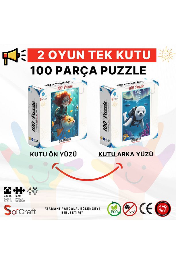 100 Parça Puzzle Çift Tasarım Tek Kutu Sualtı Macerası - 3