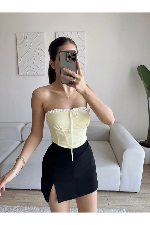 BSK Ön Bağlamalı Straplez Crop - SARI - 1