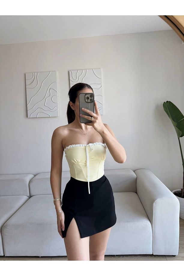 BSK Ön Bağlamalı Straplez Crop - SARI - 2