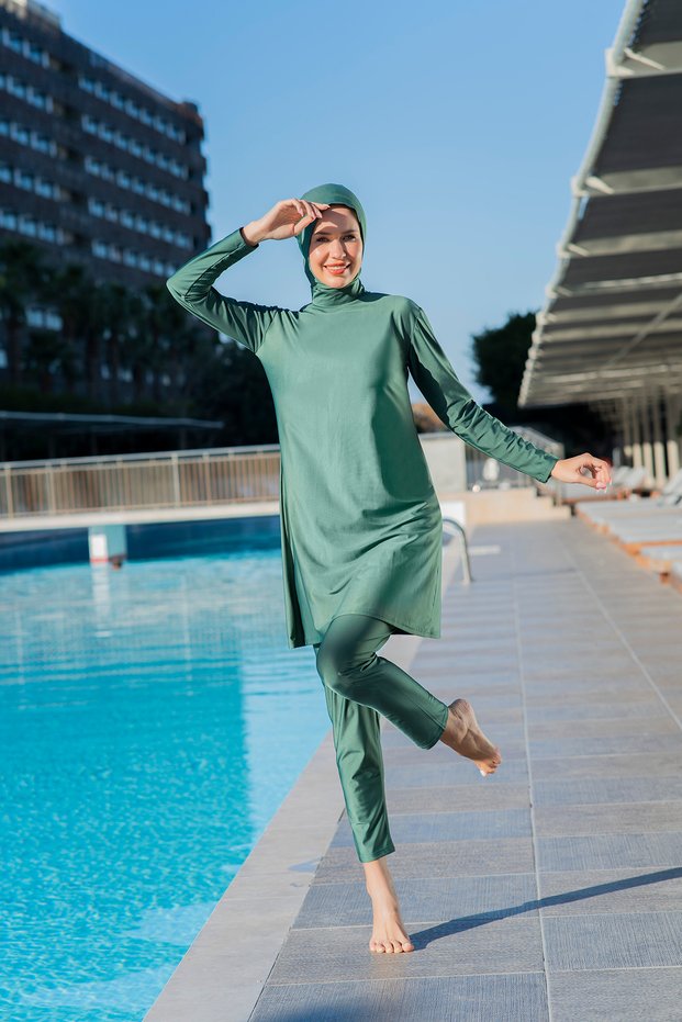 Rukomayo Green Color Fisherman Collar Lycra (Water-Repellent and Quick Drying) Fabric Tightness Swimsuit